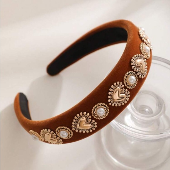 None Accessories - Elegant‎ Brown velvet Headband with heart shaped Gold Accents